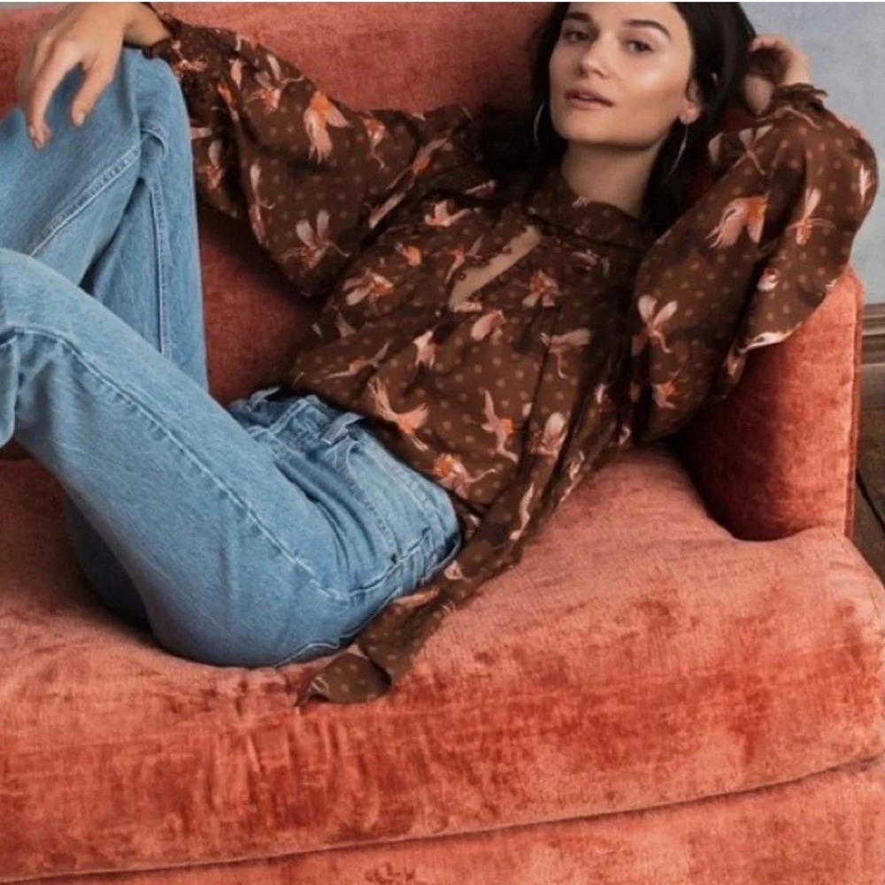 Happy x Nature by Kate Hudson Bird Print Swing Victorian Blouse Brown Large - Picture 4 of 11